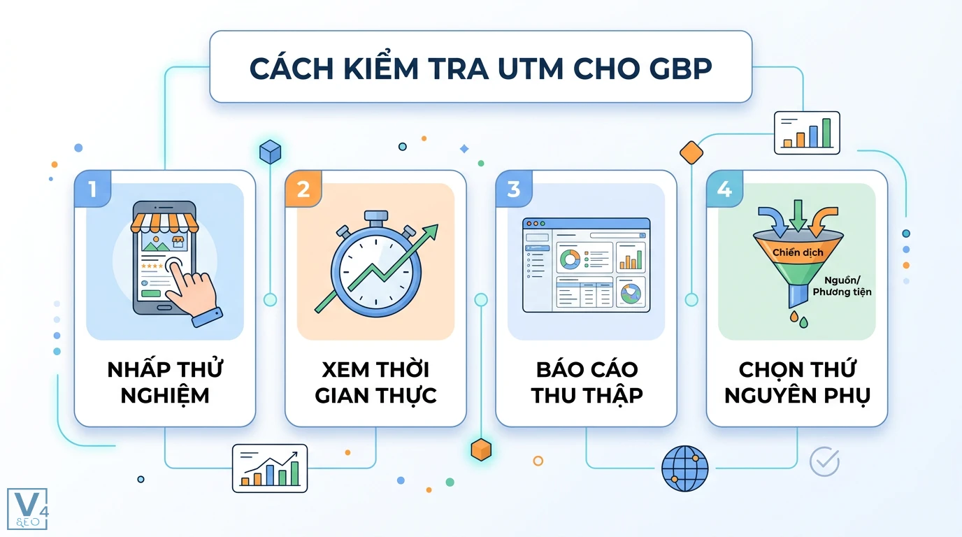 UTM cho GBP là gì? Cách cài đặt và đo lường traffic hiệu quả nhất 3 Cách kiểm tra UTM cho GBP gồm nhấp thử nghiệm, xem báo cáo thời gian thực, báo cáo thu thập và chọn thứ nguyên phụ chiến dịch, nguồn