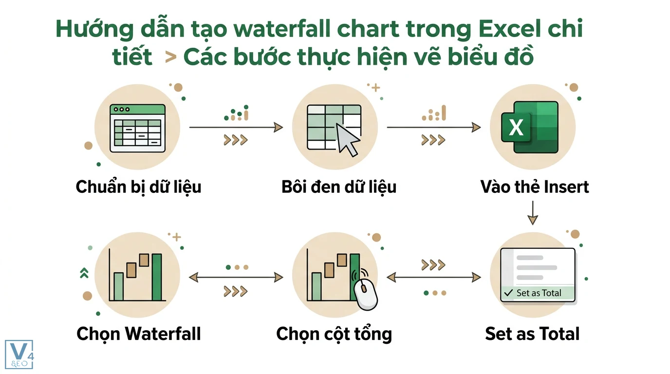Waterfall chart là gì? Hướng dẫn vẽ biểu đồ thác nước trong Excel 2 Các bước tạo waterfall chart trong Excel từ việc bôi đen dữ liệu, chọn thẻ Insert đến thao tác Set as Total để thiết lập cột tổng giá trị