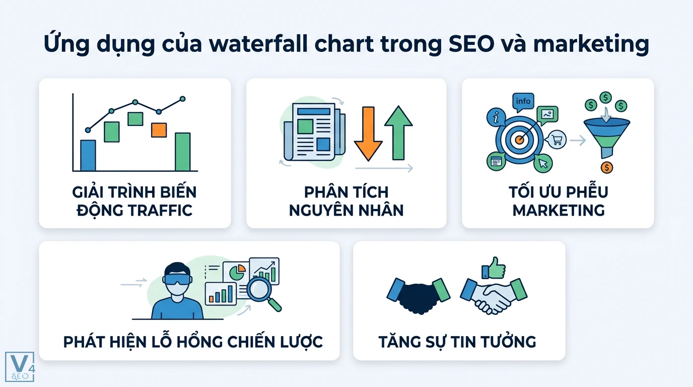 Waterfall chart là gì? Hướng dẫn vẽ biểu đồ thác nước trong Excel 3 Waterfall chart trong SEO và marketing giúp giải trình biến động traffic, phân tích nguyên nhân, tối ưu phễu và phát hiện lỗ hổng chiến lược