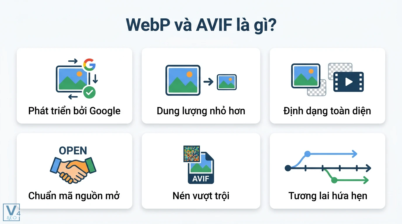 WebP AVIF là gì: So sánh và hướng dẫn triển khai fallback 2026 1 WebP và AVIF từ Google và mã nguồn mở với ưu điểm nén vượt trội dung lượng nhỏ và định dạng toàn diện giúp tối ưu hiệu suất trang web