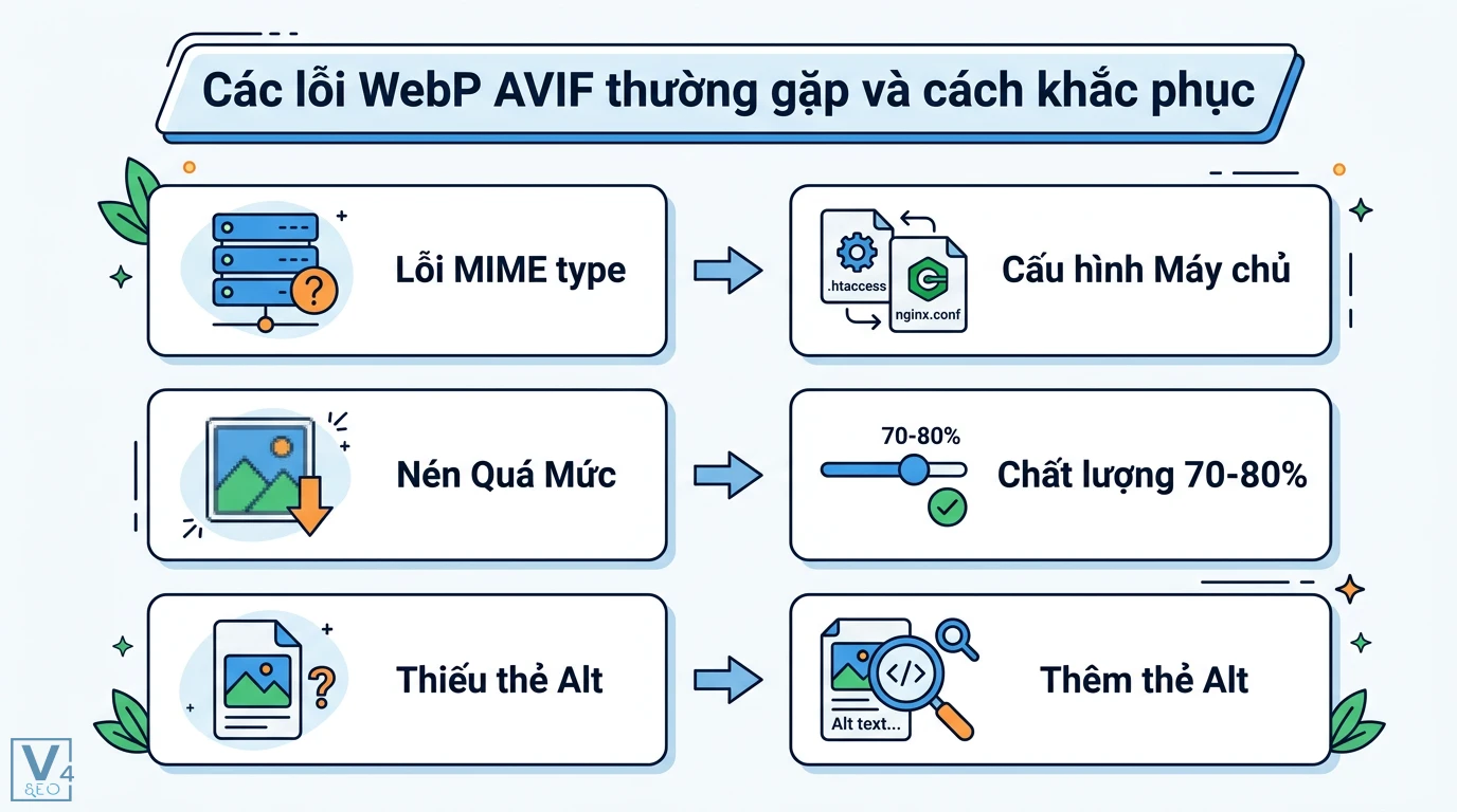 WebP AVIF là gì: So sánh và hướng dẫn triển khai fallback 2026 3 Khắc phục lỗi WebP AVIF qua cấu hình MIME type máy chủ .htaccess hoặc nginx.conf, duy trì chất lượng 70-80% và bổ sung đầy đủ thẻ alt