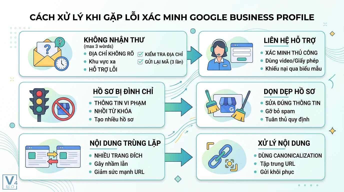 Xác minh Google Business Profile là gì? Cách xác thực và xử lý lỗi 3 Cách xử lý lỗi xác minh Google Business Profile gồm hỗ trợ thủ công, dọn dẹp hồ sơ vi phạm và xử lý trùng lặp bằng canonicalization