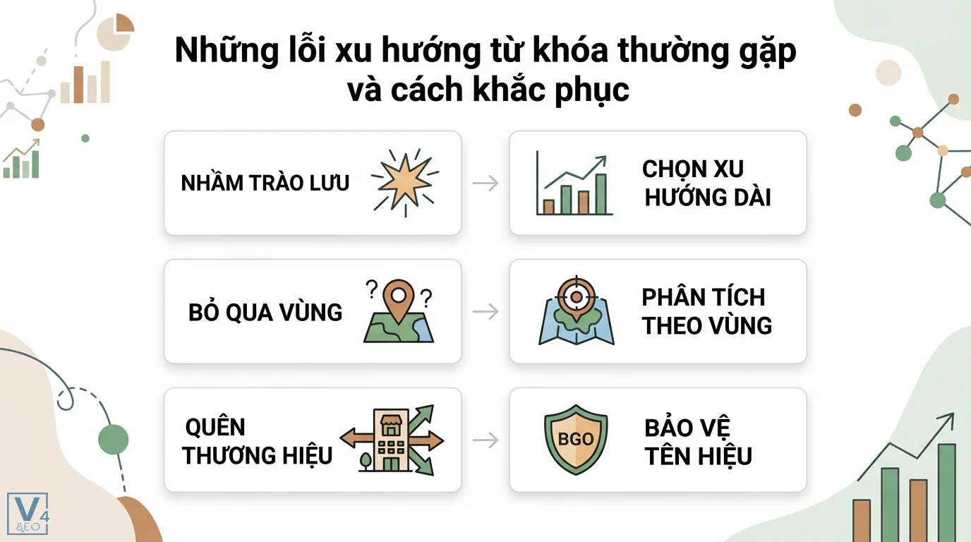 Xu hướng từ khóa là gì? Cách nắm bắt để bứt phá chiến lược SEO 3 Khắc phục lỗi xu hướng từ khóa bằng cách chọn xu hướng dài hạn, phân tích dữ liệu theo vùng miền và bảo vệ uy tín từ khóa thương hiệu