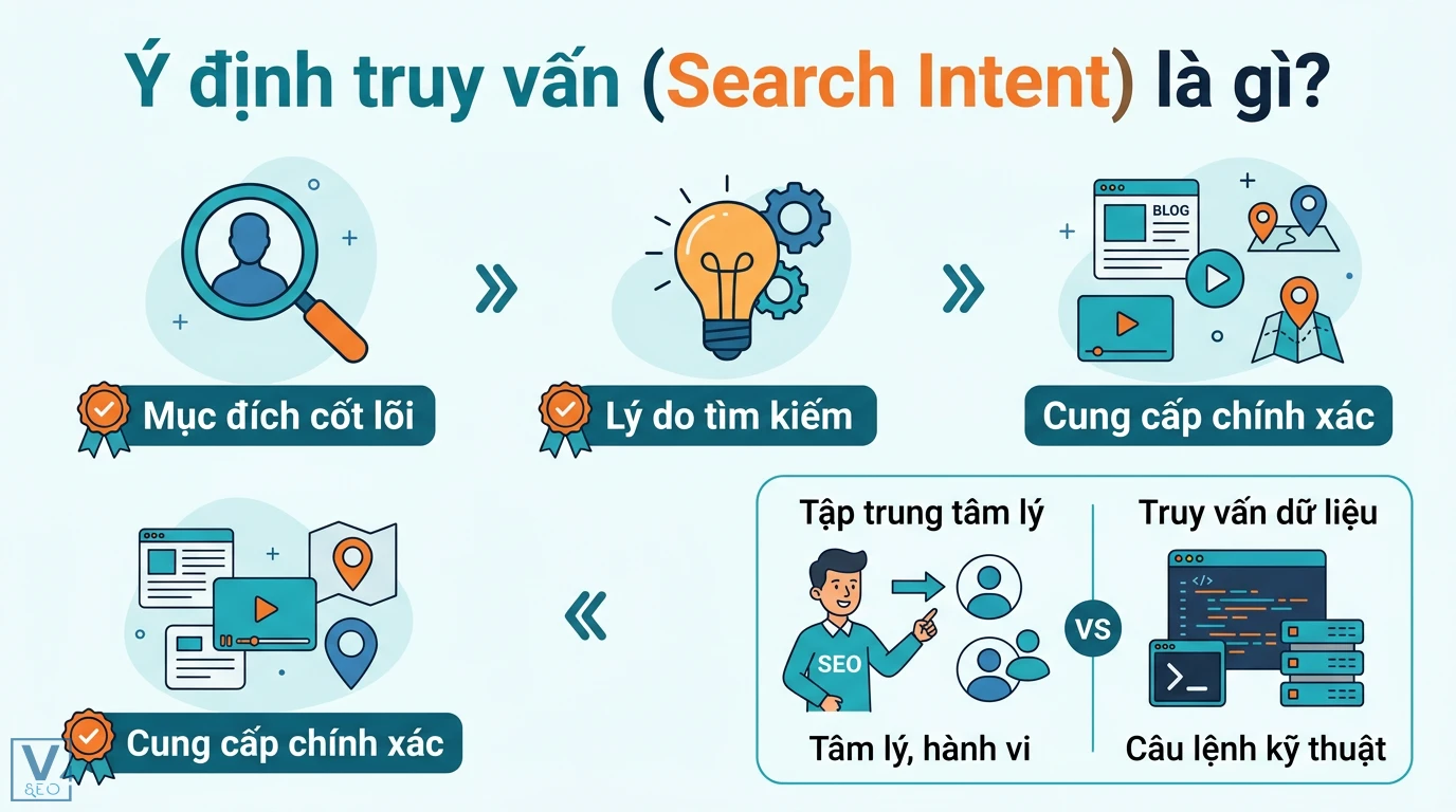 Ý định truy vấn là gì? Cách phân loại và tối ưu SEO thực chiến 1 Ý định truy vấn Search Intent thể hiện mục đích cốt lõi, lý do tìm kiếm và sự khác biệt giữa tâm lý hành vi với các câu lệnh truy vấn dữ liệu
