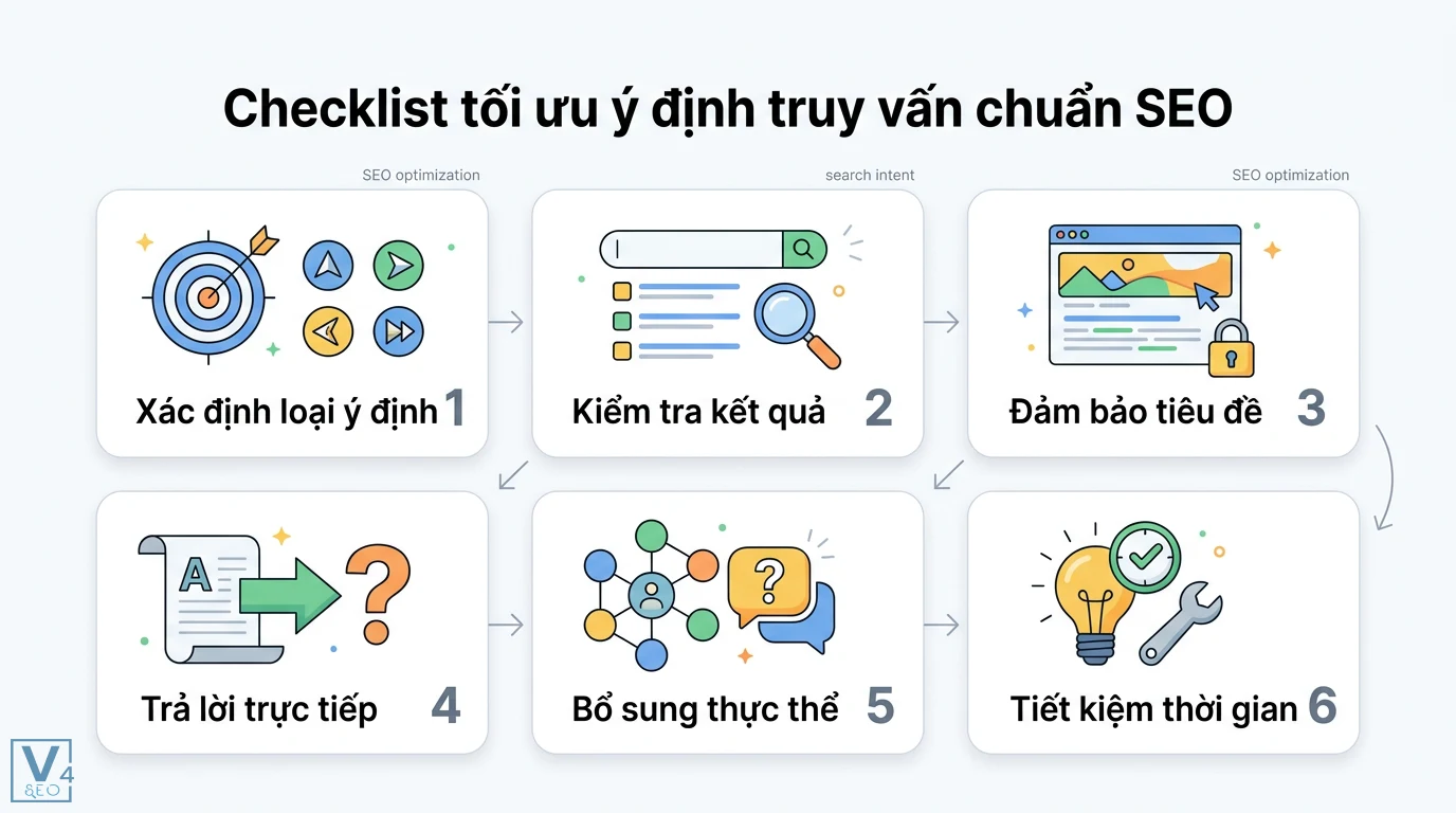 Ý định truy vấn là gì? Cách phân loại và tối ưu SEO thực chiến 3 Checklist tối ưu ý định truy vấn chuẩn SEO gồm xác định ý định, kiểm tra kết quả, đảm bảo tiêu đề, trả lời trực tiếp và bổ sung thực thể