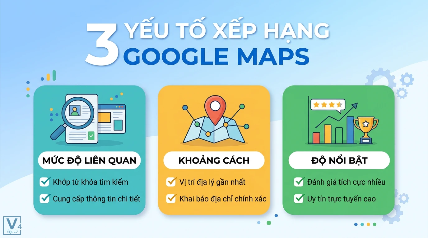 Yếu tố xếp hạng Google Maps là gì? Cách lên Top Local Pack 2026 1 3 yếu tố xếp hạng Google Maps gồm mức độ liên quan nội dung, khoảng cách vị trí địa lý và độ nổi bật từ đánh giá tích cực cùng uy tín cao
