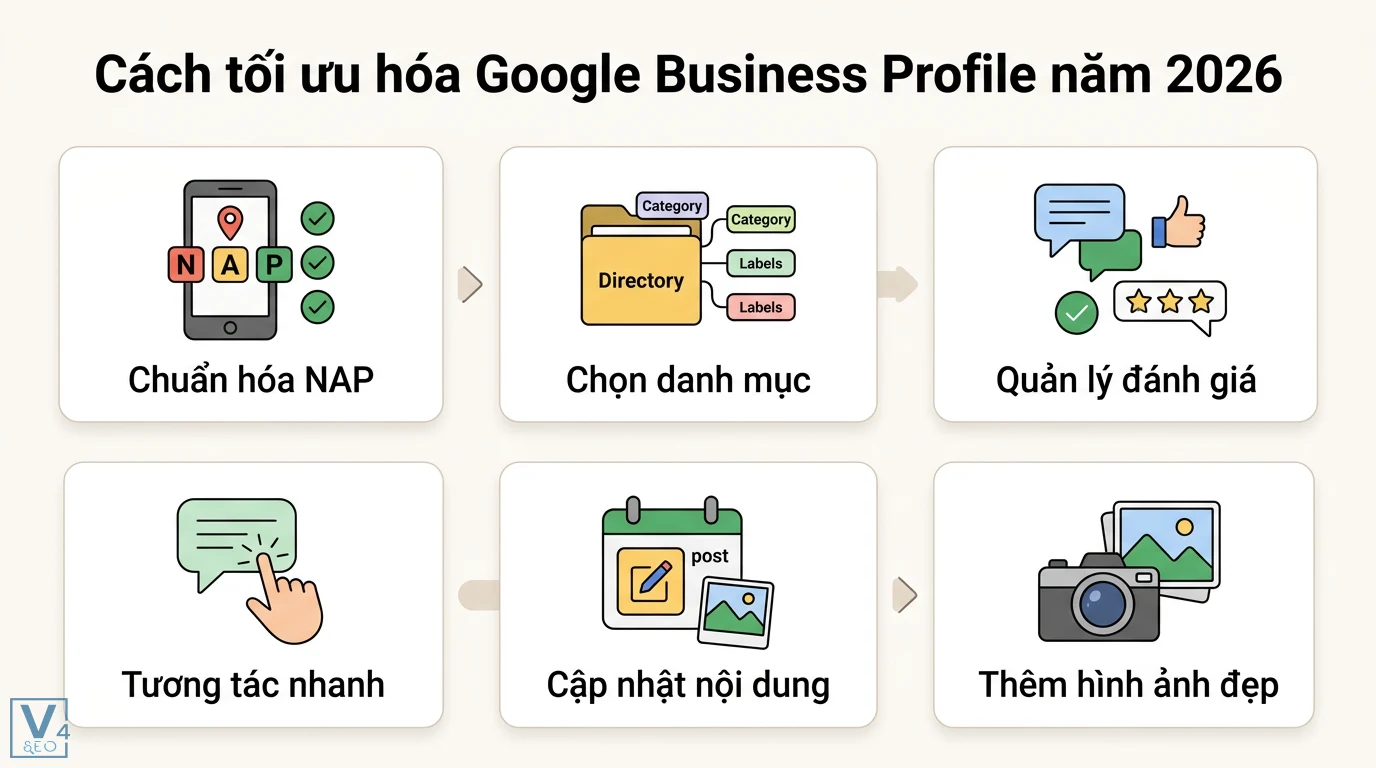 Yếu tố xếp hạng Google Maps là gì? Cách lên Top Local Pack 2026 2 Cách tối ưu hóa Google Business Profile năm 2026 qua chuẩn hóa NAP, chọn danh mục, quản lý đánh giá, tương tác và cập nhật nội dung thường xuyên
