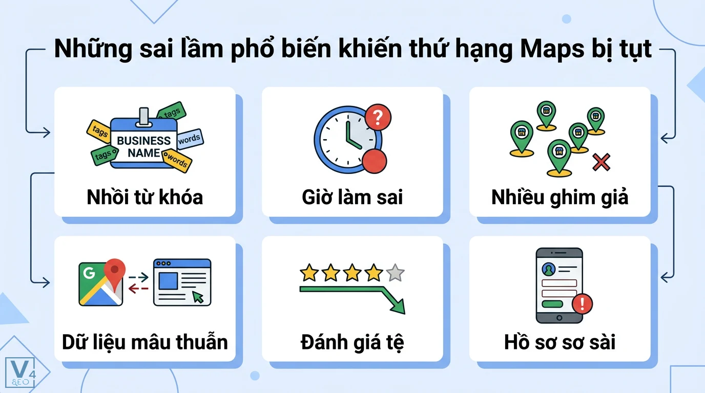 Yếu tố xếp hạng Google Maps là gì? Cách lên Top Local Pack 2026 3 Sai lầm gây tụt hạng Google Maps như nhồi từ khóa, sai giờ làm việc, ghim ảo, dữ liệu mâu thuẫn, đánh giá tệ và hồ sơ doanh nghiệp sơ sài