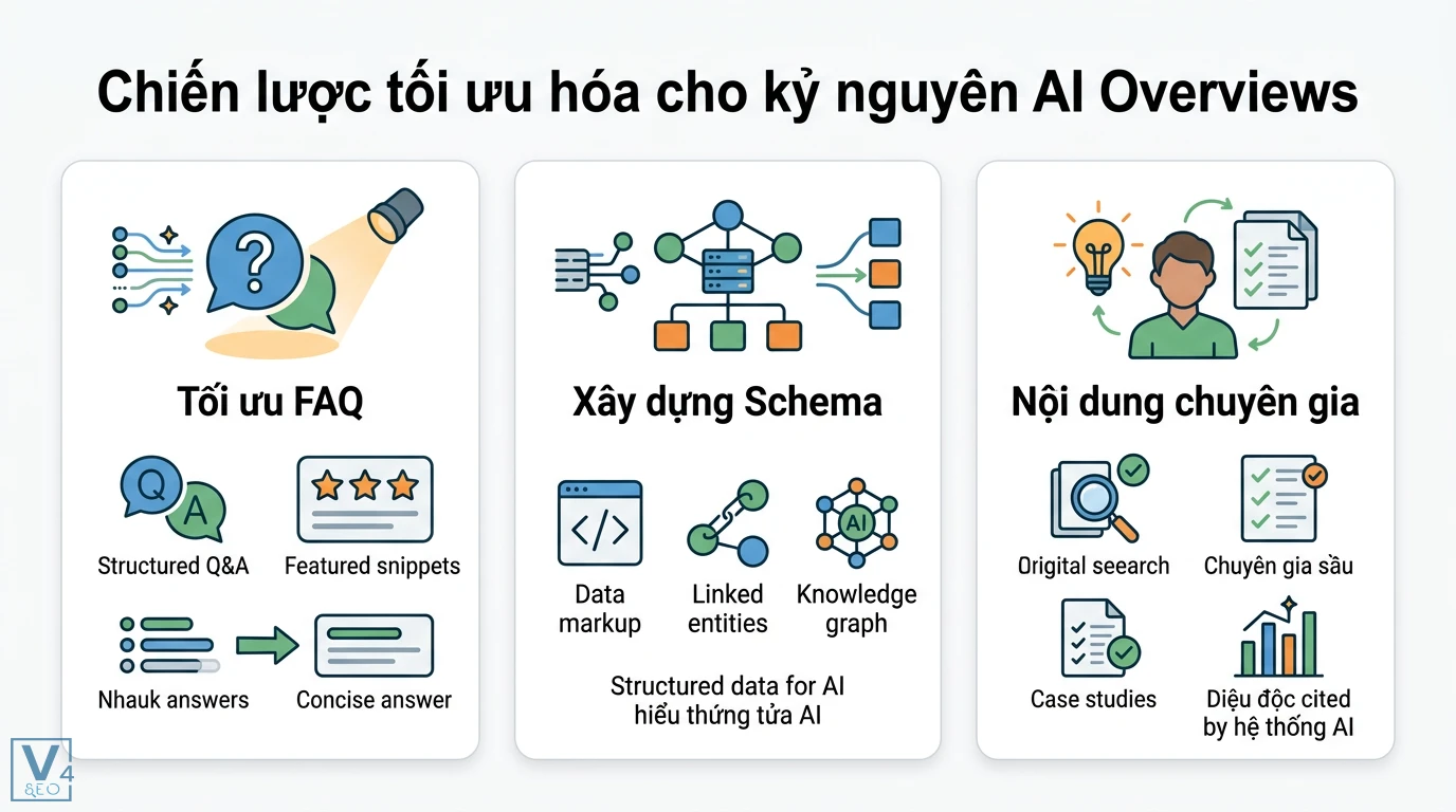 Zero-click search là gì? Cách tối ưu AI Overviews và GEO hiệu quả 2 Chiến lược tối ưu AI Overviews gồm tối ưu FAQ, xây dựng schema markup thực thể và phát triển nội dung chuyên gia cùng dữ liệu độc bản