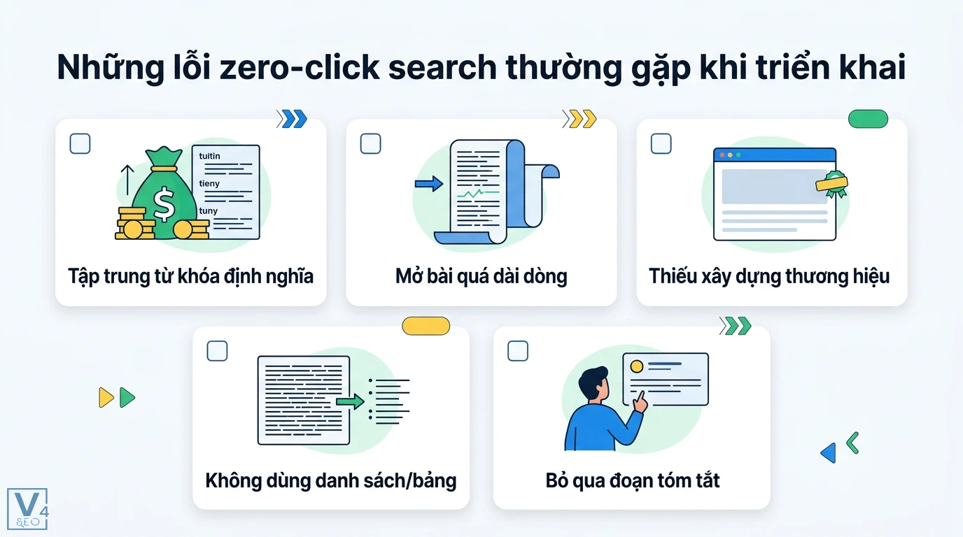 Zero-click search là gì? Cách tối ưu AI Overviews và GEO hiệu quả 3 Các lỗi zero-click search phổ biến gồm tập trung từ khóa định nghĩa, mở bài dài dòng, thiếu thương hiệu và bỏ qua danh sách hoặc đoạn tóm tắt