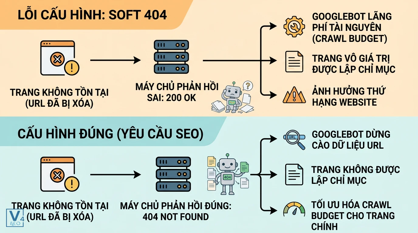 co-che-loi-soft-404-va-cach-khac-phuc So sánh cơ chế lỗi Soft 404 khi phản hồi sai mã 200 OK và cấu hình đúng mã 404 Not Found để tối ưu SEO.