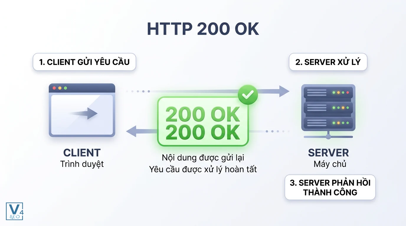 quy-trinh-phan-hoi-http-200-ok Sơ đồ quy trình giao tiếp giữa client và server khi phản hồi mã trạng thái HTTP 200 OK thành công.