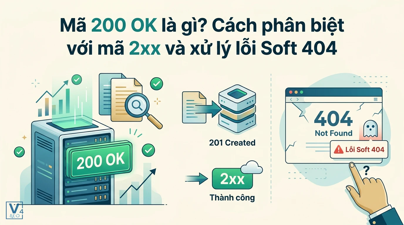 Mô hình trực quan hóa cơ chế hoạt động của mã trạng thái 200 OK, các mã nhóm 2xx và cách nhận biết lỗi Soft 404.