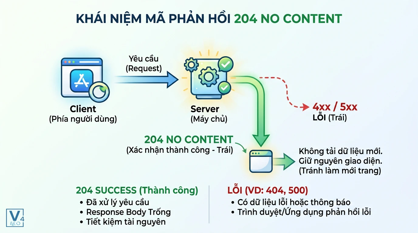 quy-trinh-ma-phan-hoi-204-no-content Sơ đồ quy trình xử lý và truyền tải thông tin của mã phản hồi 204 No Content giữa client và server.