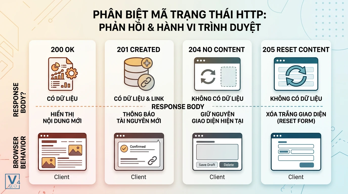 so-sanh-ma-204-no-content-voi-ma-khac Bảng so sánh mã 204 No Content với các mã 200, 201 và 205 về dữ liệu phản hồi và hành vi trình duyệt.
