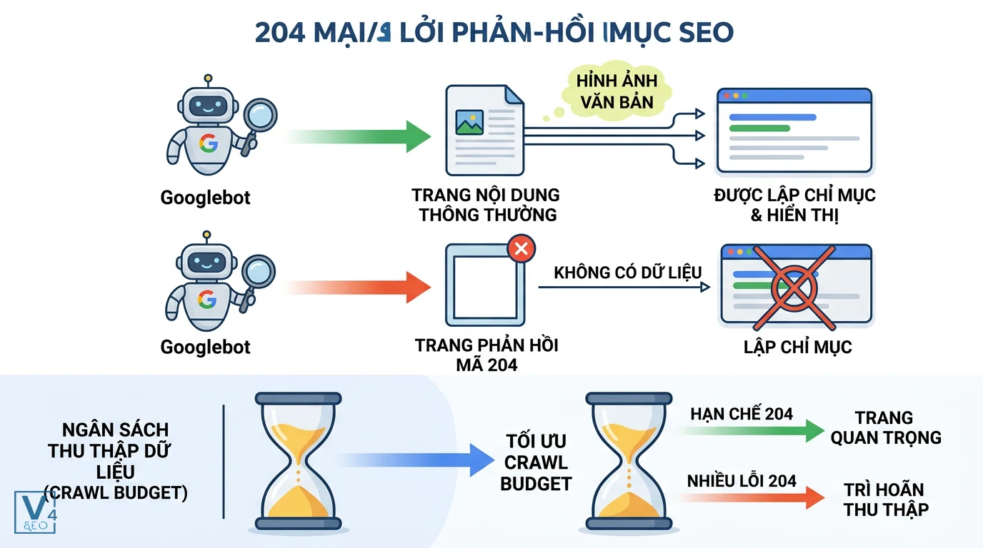 tac-dong-cua-ma-204-den-seo Sơ đồ so sánh tác động của trang nội dung thông thường và trang phản hồi mã 204 đối với việc lập chỉ mục và crawl budget.