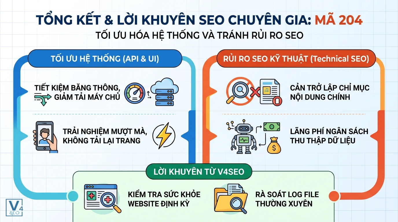 tong-ket-loi-khuyen-ma-204-no-content So sánh lợi ích tối ưu hệ thống và rủi ro SEO kỹ thuật của mã 204 No Content cùng lời khuyên từ chuyên gia.