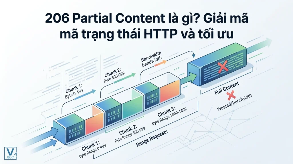 206 Partial Content là gì? Giải mã mã trạng thái HTTP và tối ưu băng thông 11 Sơ đồ cơ chế Range Requests chia nhỏ dữ liệu thành các chunk để tối ưu băng thông thay vì tải toàn bộ file.