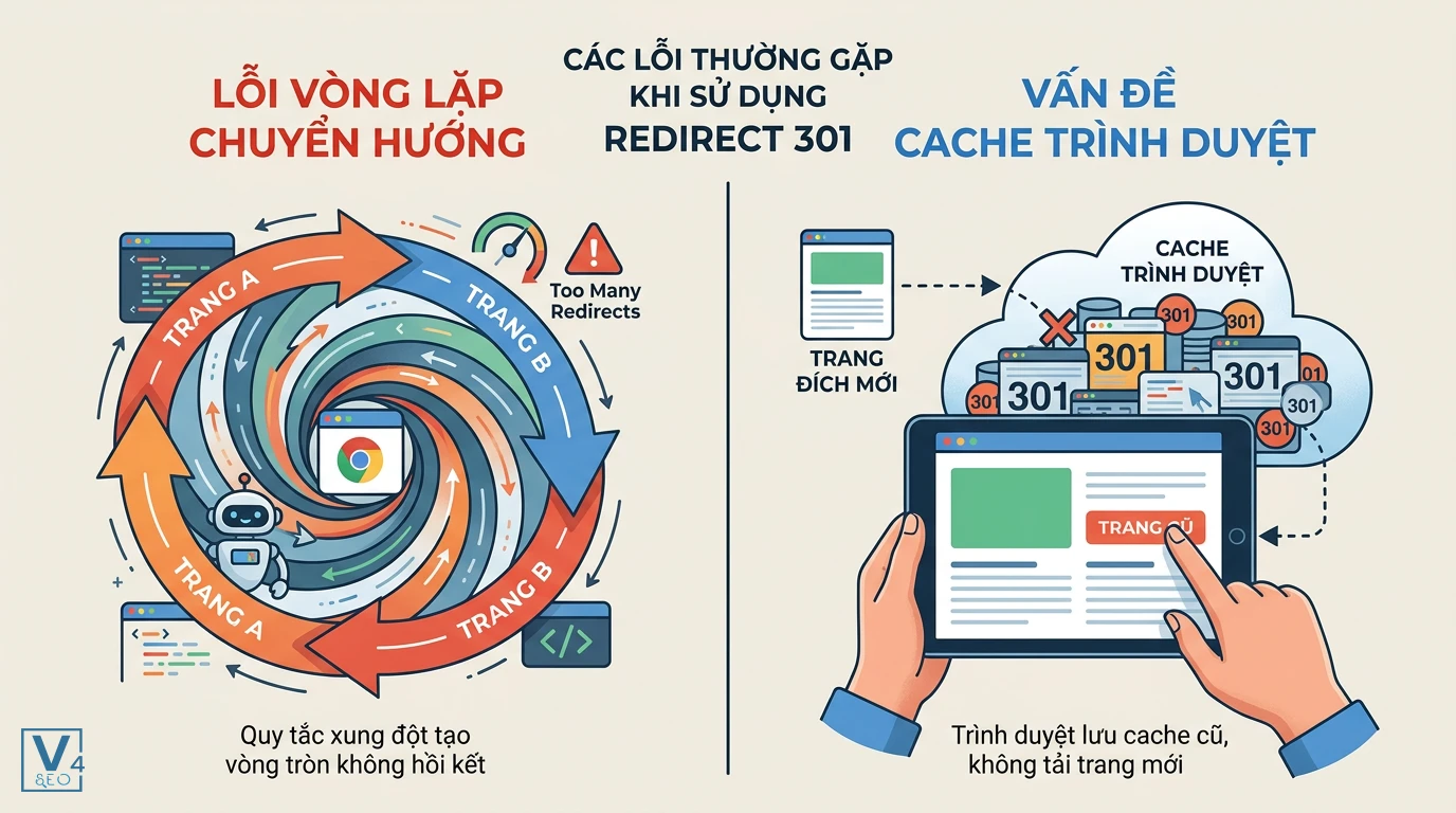 cac-loi-redirect-301-thuong-gap Minh họa hai lỗi Redirect 301 thường gặp là vòng lặp chuyển hướng vô hạn và lỗi lưu cache cũ của trình duyệt.