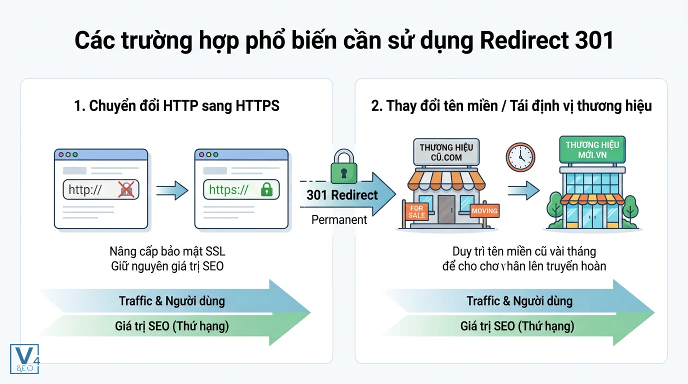 truong-hop-su-dung-redirect-301 Sơ đồ minh họa hai trường hợp áp dụng 301 Moved Permanently là gì khi chuyển HTTP sang HTTPS và đổi tên miền thương hiệu.