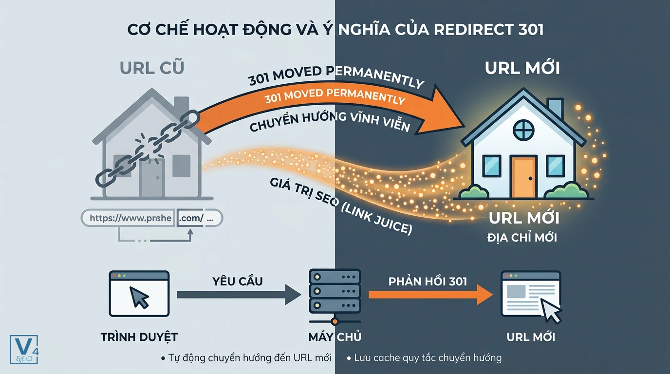 co-che-hoat-dong-redirect-301 Sơ đồ giải thích cơ chế hoạt động và ý nghĩa của redirect 301 Moved Permanently trong việc chuyển hướng URL và giữ giá trị SEO.