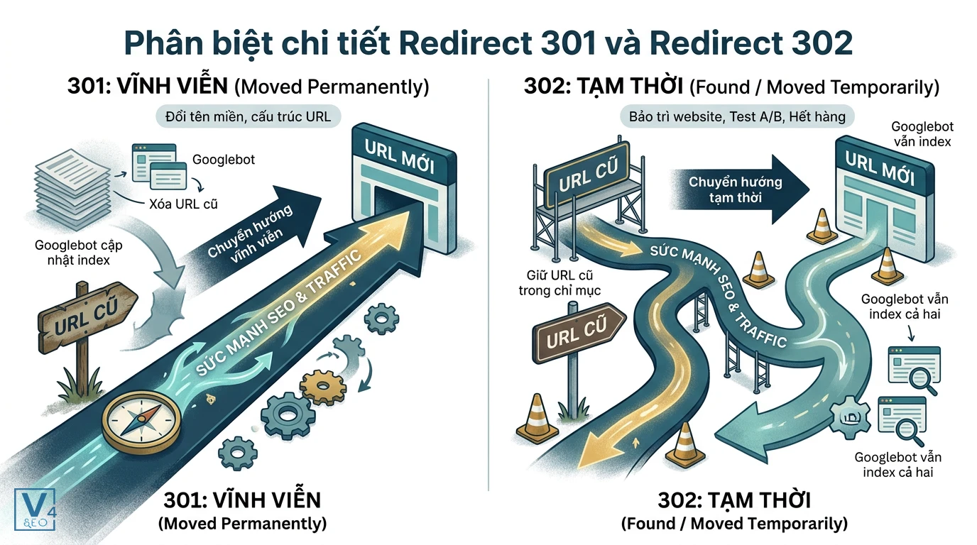 so-sanh-redirect-301-va-302-seo So sánh cơ chế chuyển hướng vĩnh viễn 301 và tạm thời 302 đối với dòng chảy sức mạnh SEO và cách Googlebot index URL.