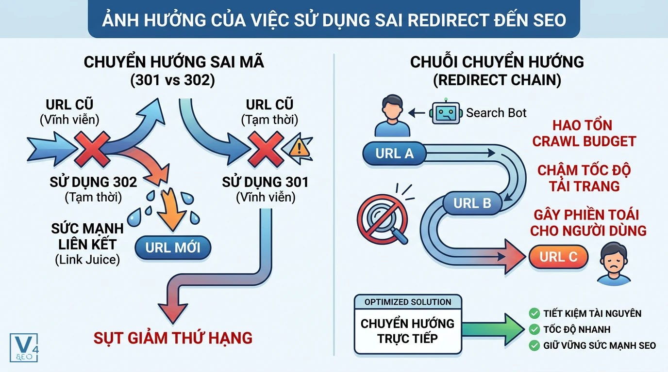 tac-hai-dung-sai-redirect-seo Tác hại khi dùng sai redirect 301 vs 302 và ảnh hưởng tiêu cực của chuỗi chuyển hướng đến hiệu suất SEO.
