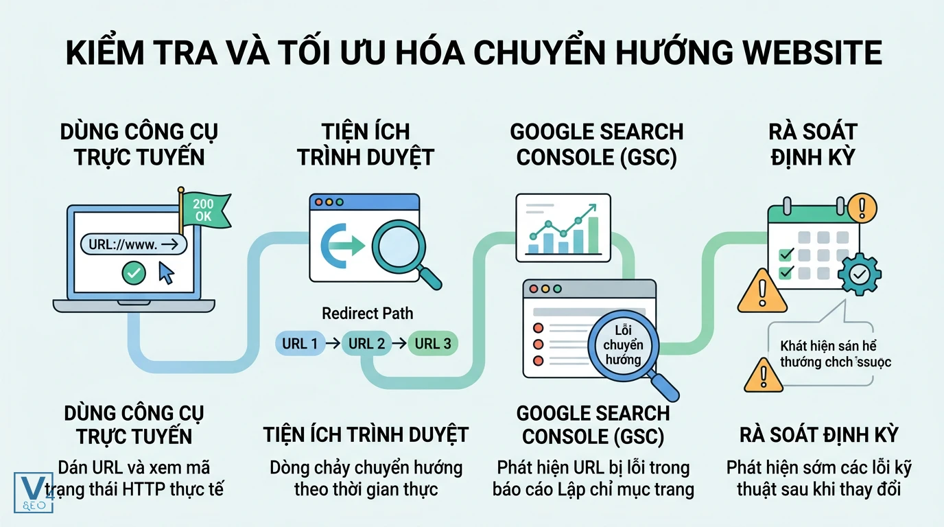 quy-trinh-kiem-tra-chuyen-huong-website Quy trình 4 bước kiểm tra và tối ưu hóa chuyển hướng website giúp phát hiện lỗi kỹ thuật nhanh chóng.