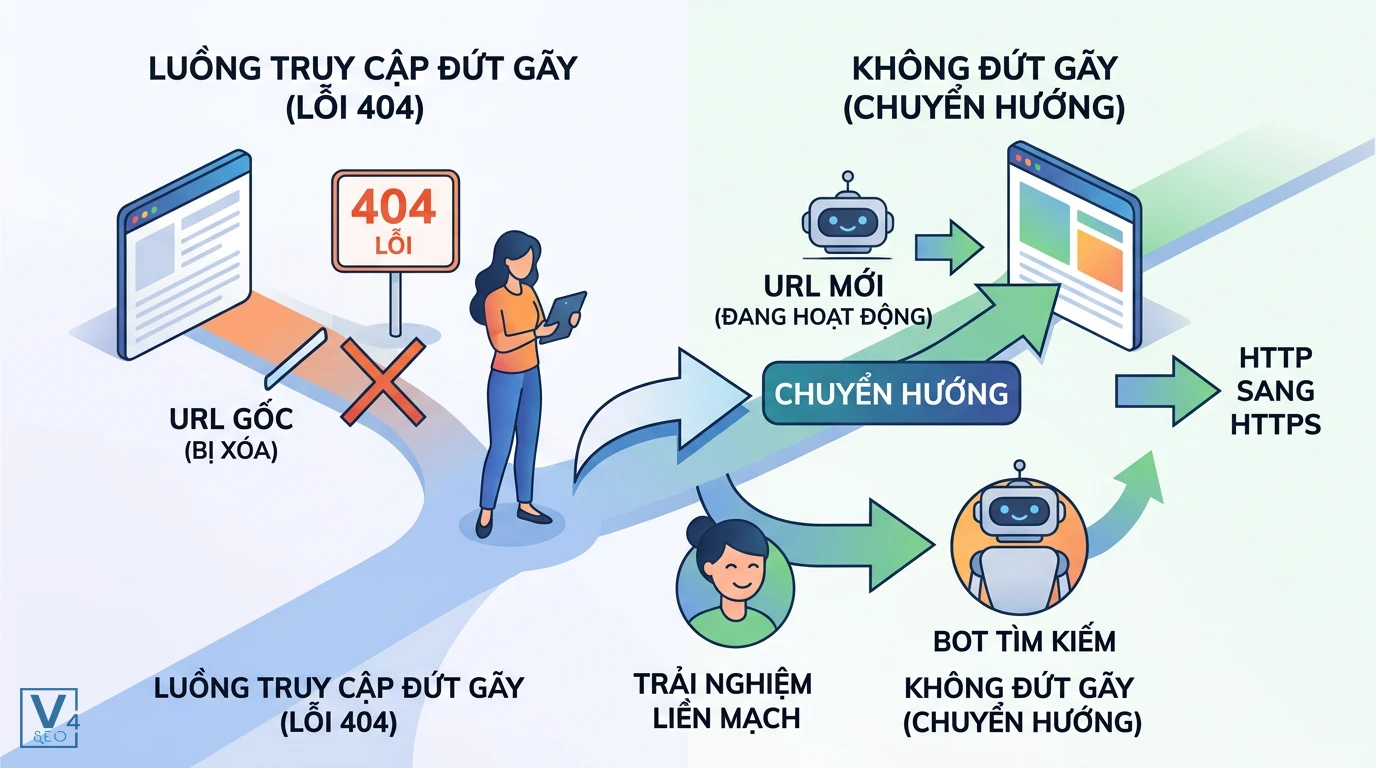 vai-tro-cua-chuyen-huong-url So sánh luồng truy cập bị đứt gãy do lỗi 404 với luồng truy cập liền mạch nhờ kỹ thuật chuyển hướng URL.