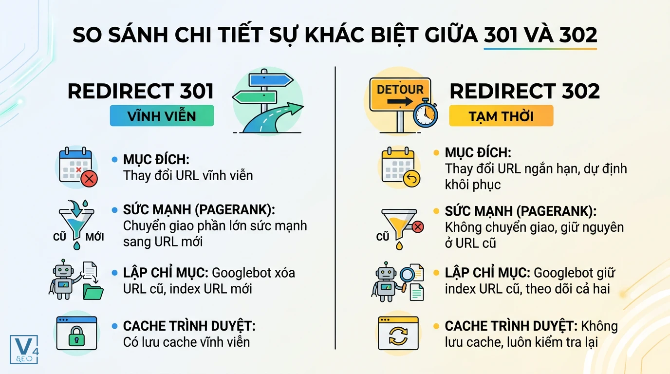 so-sanh-redirect-301-va-302 Bảng so sánh 301 vs 302 là gì qua mục đích, truyền sức mạnh PageRank, lập chỉ mục và lưu cache trình duyệt.