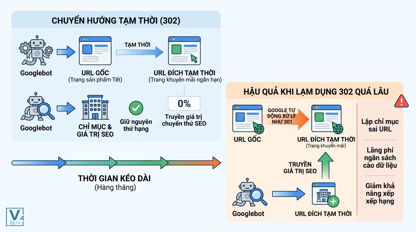 anh-huong-cua-redirect-302-den-seo Sơ đồ so sánh cơ chế hoạt động của redirect 302 tạm thời và rủi ro SEO khi lạm dụng chuyển hướng này quá lâu.