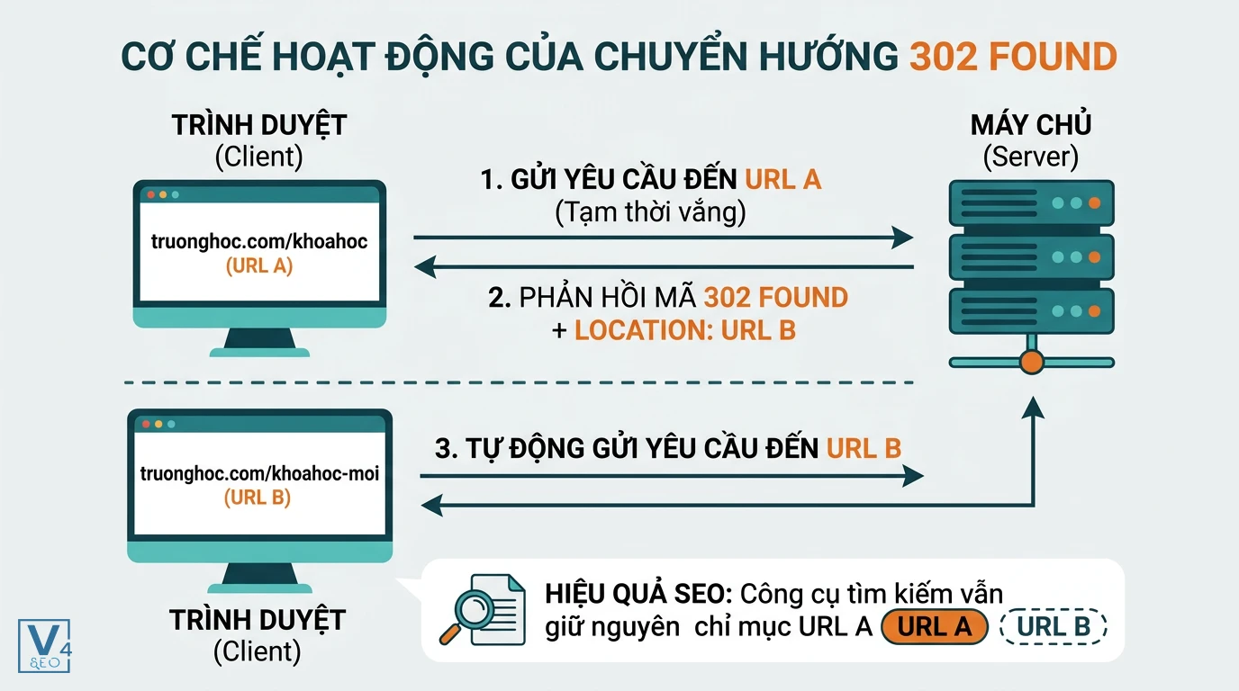 co-che-hoat-dong-redirect-302 Sơ đồ quy trình 3 bước giao tiếp giữa trình duyệt và máy chủ khi thực hiện chuyển hướng tạm thời 302 Found.