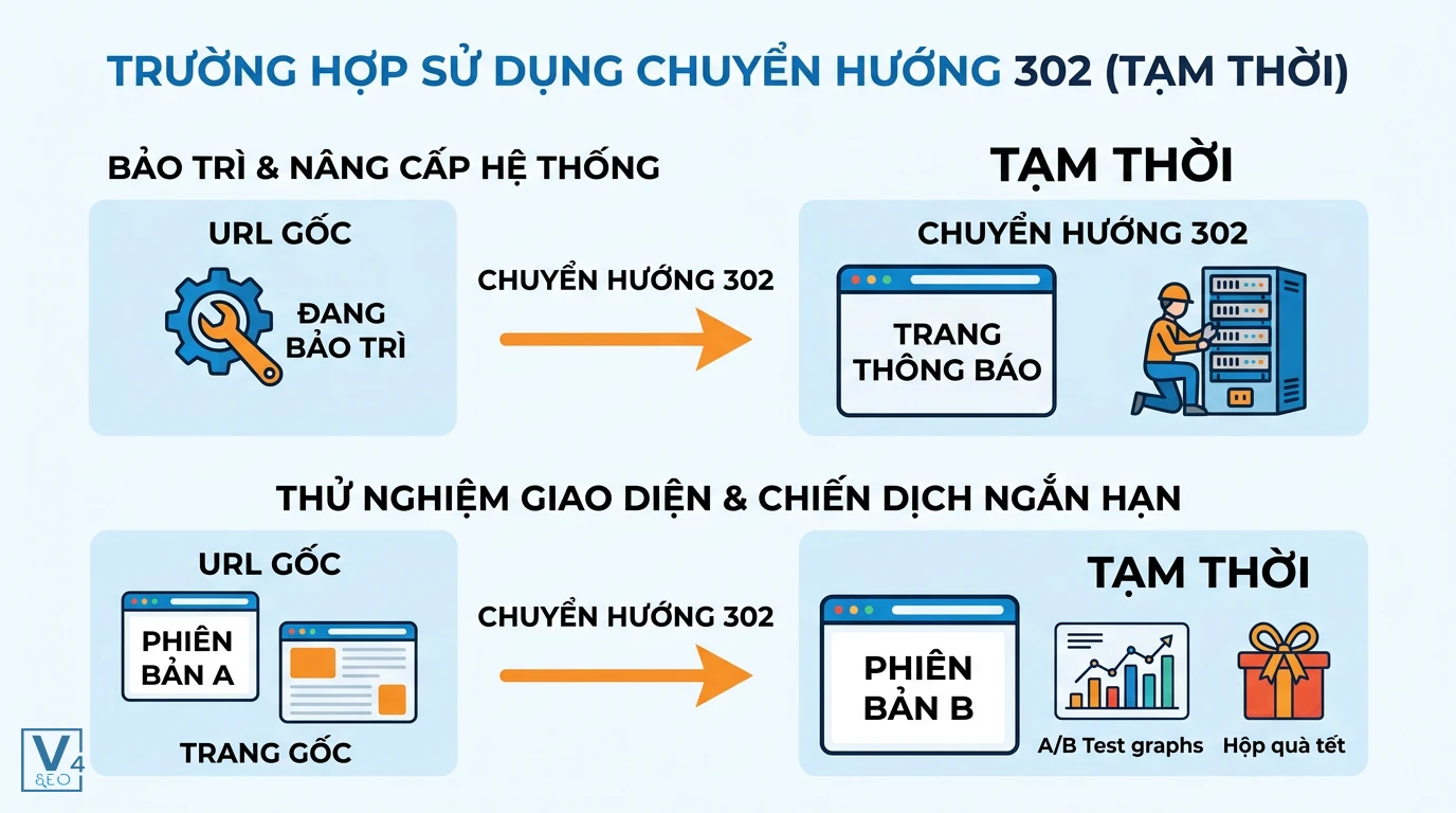 cac-truong-hop-dung-chuyen-huong-302 Sơ đồ minh họa các trường hợp nên dùng chuyển hướng 302 như bảo trì hệ thống và thử nghiệm giao diện A/B.