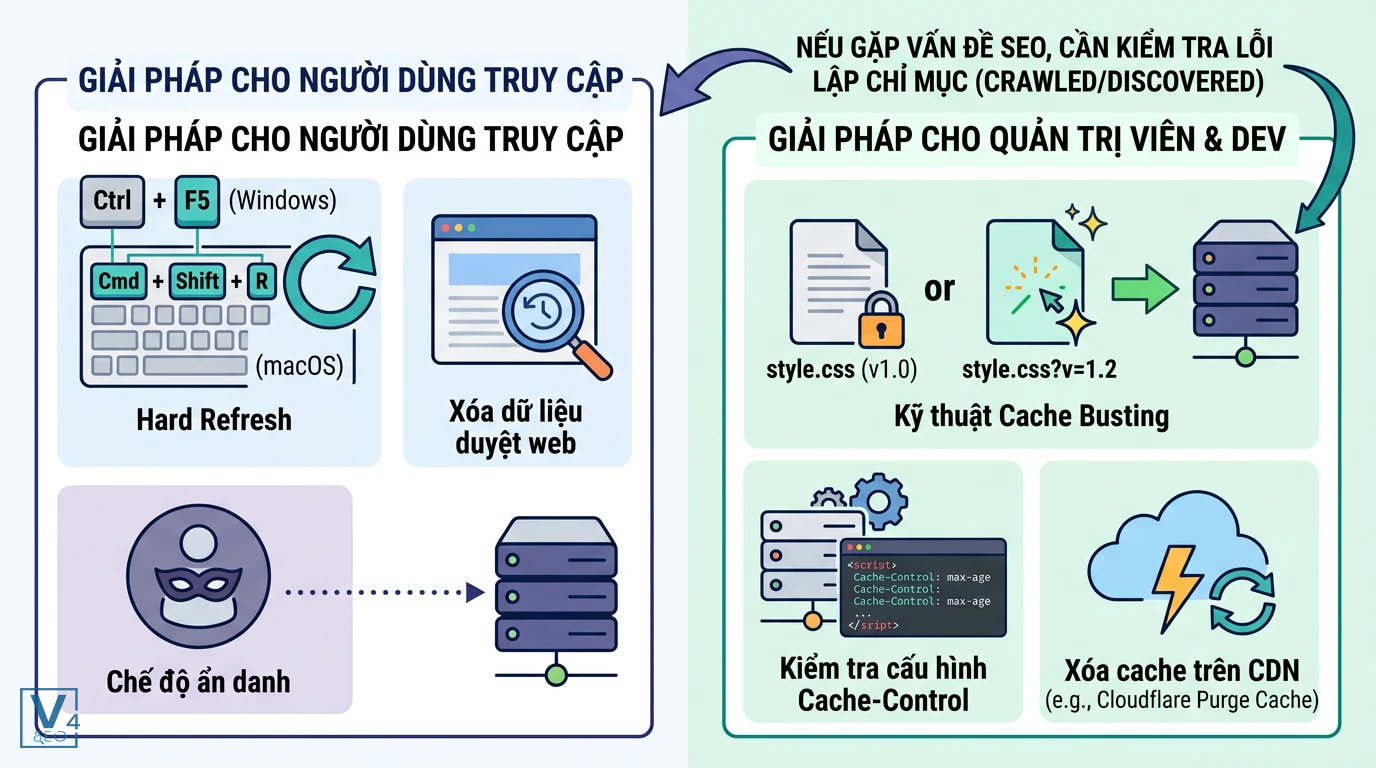 giai-phap-khac-phuc-loi-304-not-modified Sơ đồ các giải pháp khắc phục sự cố kẹt cache liên quan đến mã phản hồi 304 Not Modified cho người dùng và quản trị viên.