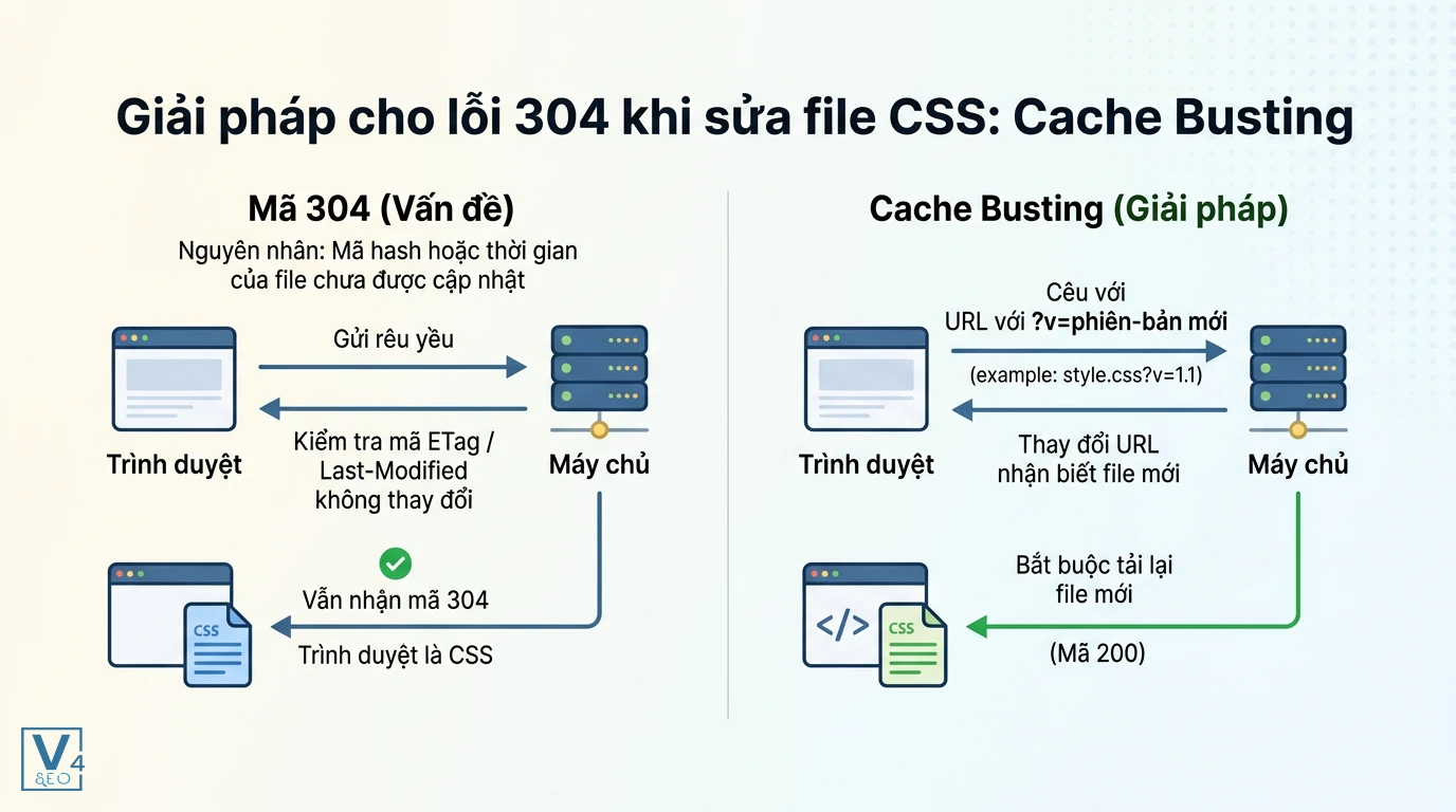 giai-phap-cache-busting-sua-loi-304-css Sơ đồ so sánh cơ chế lỗi 304 Not Modified khi sửa file CSS và giải pháp khắc phục bằng kỹ thuật Cache Busting.