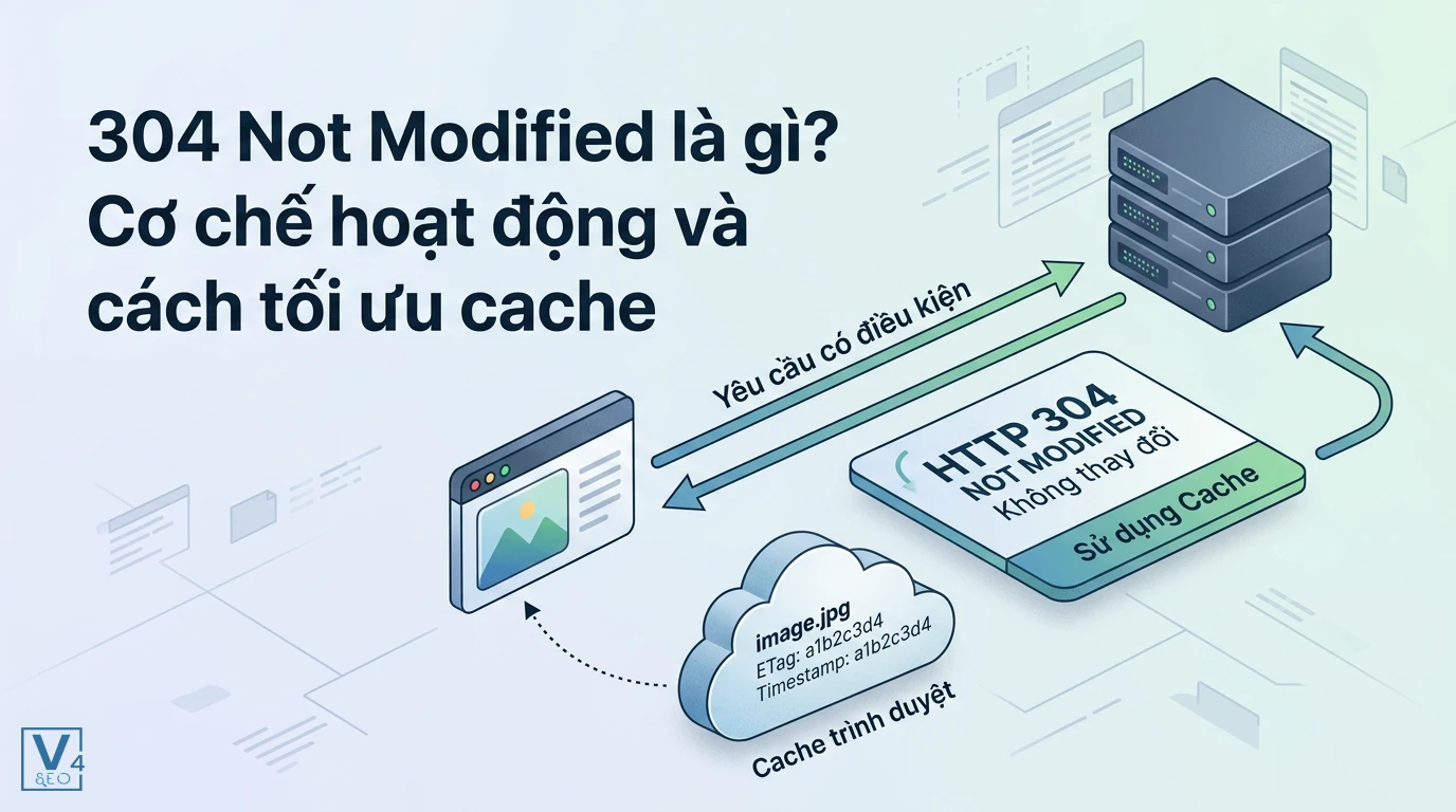 Sơ đồ mô tả cơ chế hoạt động của mã phản hồi 304 Not Modified giữa trình duyệt và máy chủ khi tối ưu cache.