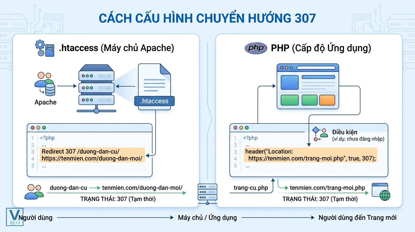 huong-dan-cau-hinh-chuyen-huong-307 Sơ đồ so sánh cách cấu hình 307 Temporary Redirect bằng file .htaccess trên Apache và bằng mã nguồn PHP.
