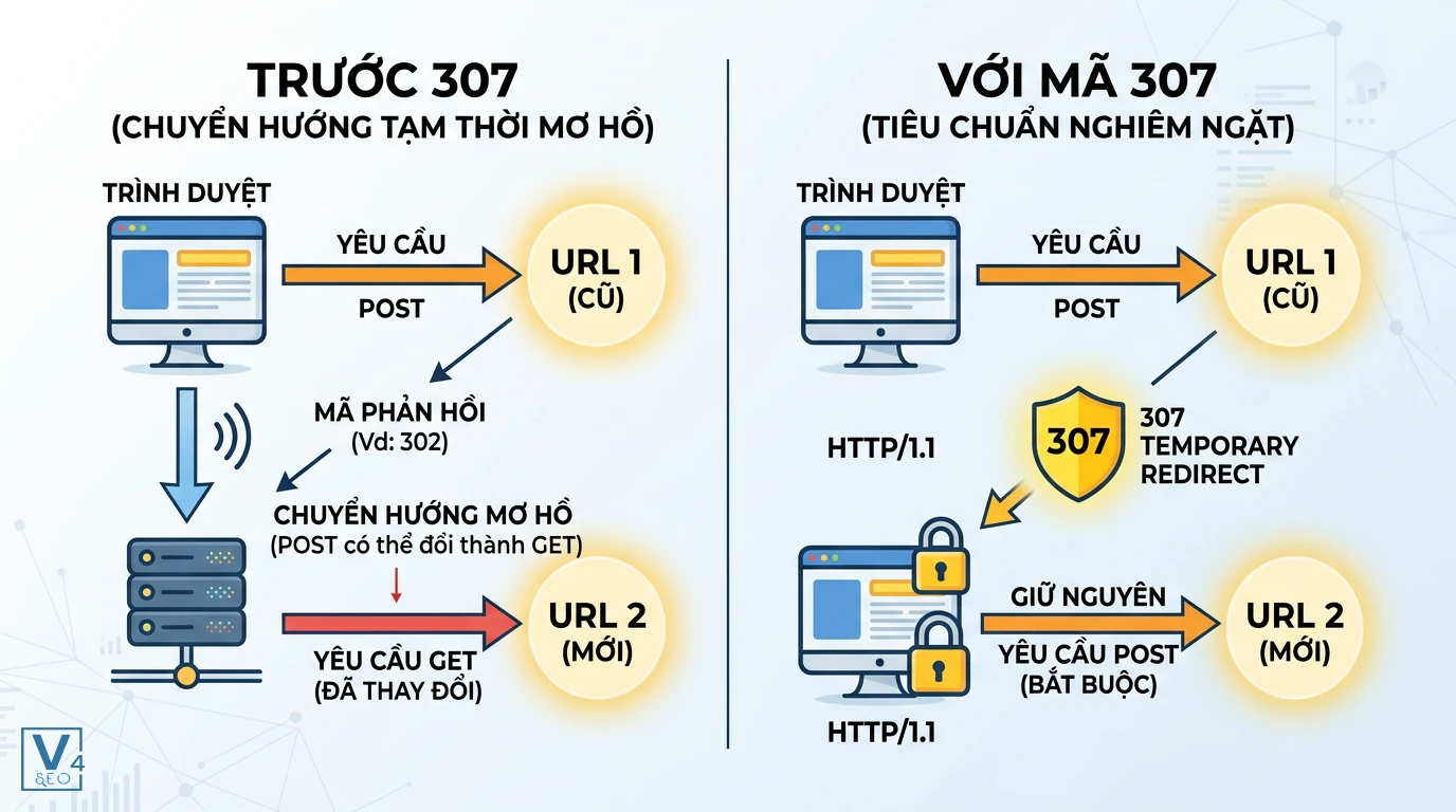 co-che-hoat-dong-307-temporary-redirect So sánh cơ chế giữ nguyên phương thức POST của 307 Temporary Redirect so với các mã chuyển hướng cũ.