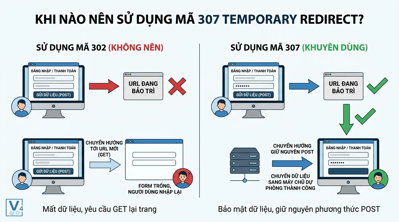 so-sanh-redirect-302-va-307-khi-gui-form So sánh chuyển hướng 302 gây mất dữ liệu POST với 307 Temporary Redirect giúp bảo toàn thông tin biểu mẫu.