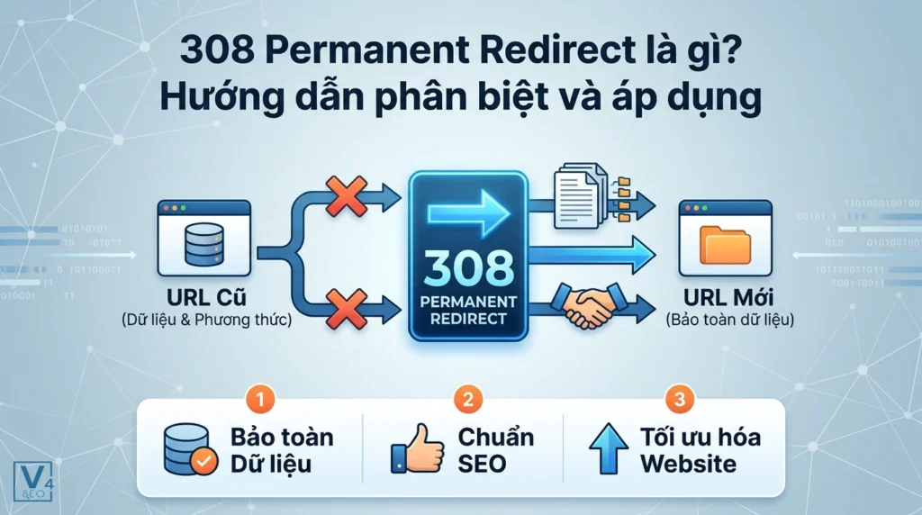 308 Permanent Redirect là gì? Hướng dẫn phân biệt và áp dụng chuẩn SEO 6 Sơ đồ cơ chế hoạt động của mã phản hồi 308 Permanent Redirect giúp bảo toàn dữ liệu và phương thức yêu cầu từ URL cũ sang URL mới.