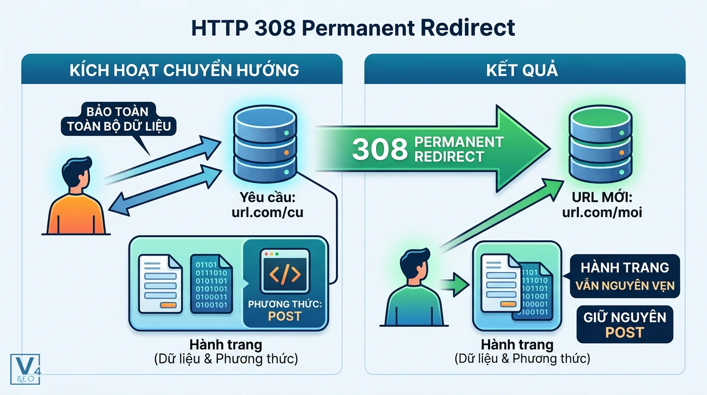 co-che-hoat-dong-308-permanent-redirect Sơ đồ cơ chế hoạt động của 308 Permanent Redirect giúp bảo toàn nguyên vẹn dữ liệu và phương thức POST khi chuyển hướng.