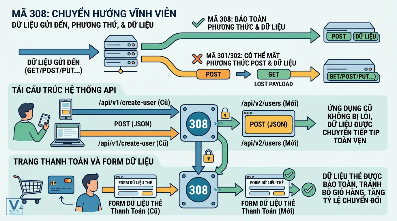 co-che-hoat-dong-chuyen-huong-308 Sơ đồ so sánh cơ chế bảo toàn dữ liệu của mã 308 Permanent Redirect so với mã 301 và 302 trong API và thanh toán.