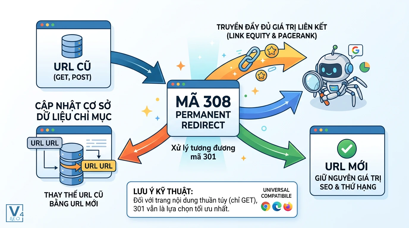 co-che-hoat-dong-ma-308-redirect Sơ đồ cơ chế hoạt động của mã 308 Permanent Redirect giúp truyền đầy đủ giá trị SEO và cập nhật URL mới.