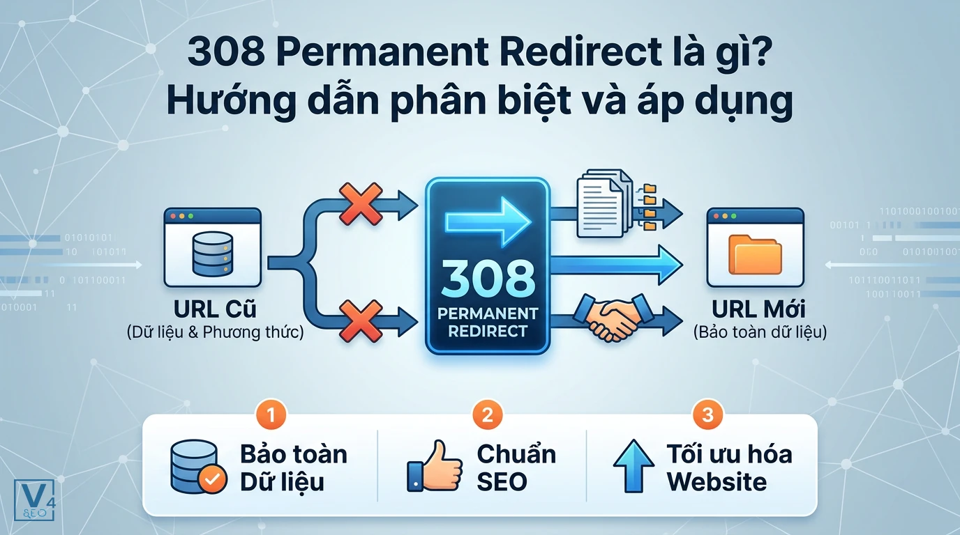 Sơ đồ cơ chế hoạt động của mã phản hồi 308 Permanent Redirect giúp bảo toàn dữ liệu và phương thức yêu cầu từ URL cũ sang URL mới.
