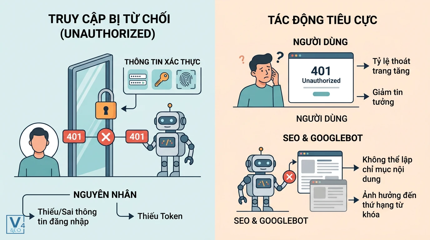 nguyen-nhan-va-tac-dong-loi-401-unauthorized Sơ đồ giải thích nguyên nhân lỗi 401 Unauthorized và tác động tiêu cực của nó đến trải nghiệm người dùng cùng SEO website.
