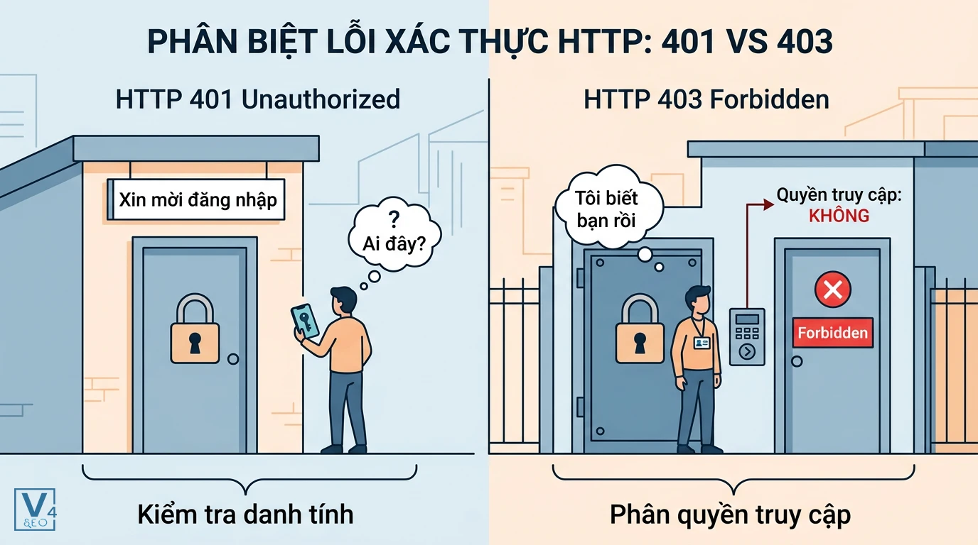 phan-biet-loi-401-va-403 Bảng so sánh trực quan cơ chế hoạt động của lỗi 401 Unauthorized và lỗi 403 Forbidden trong quản trị hệ thống.