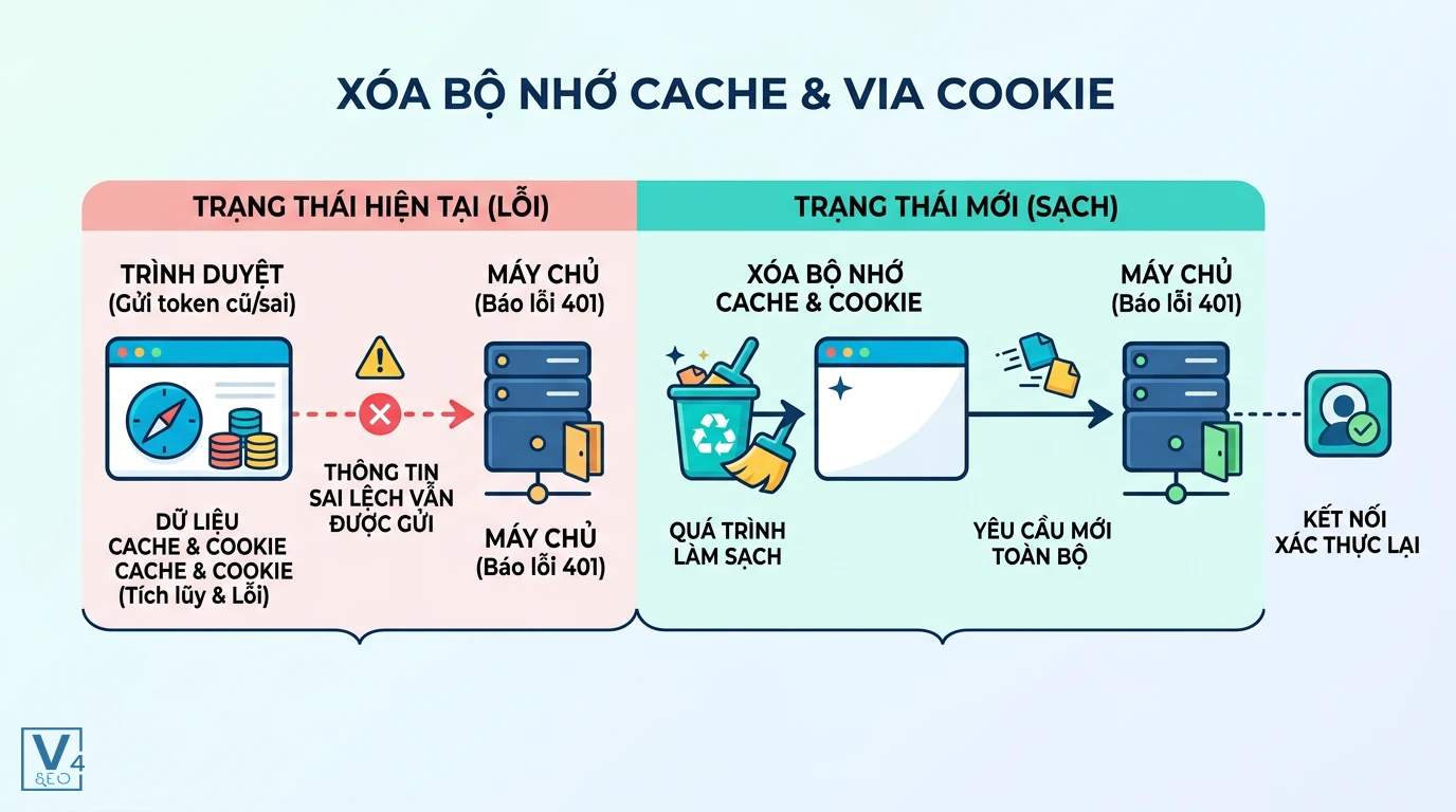 co-che-xoa-cache-cookie-sua-loi-401 Sơ đồ so sánh cơ chế gửi yêu cầu của trình duyệt trước và sau khi xóa cache và cookie để sửa lỗi 401 Unauthorized