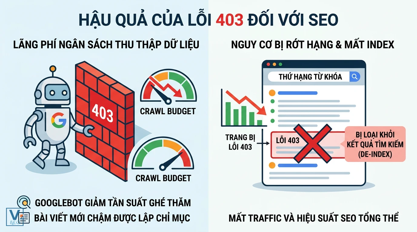 hau-qua-cua-loi-403-forbidden-doi-voi-seo Tác hại của lỗi 403 Forbidden làm lãng phí ngân sách crawl và khiến website bị rớt hạng, mất index trên Google.
