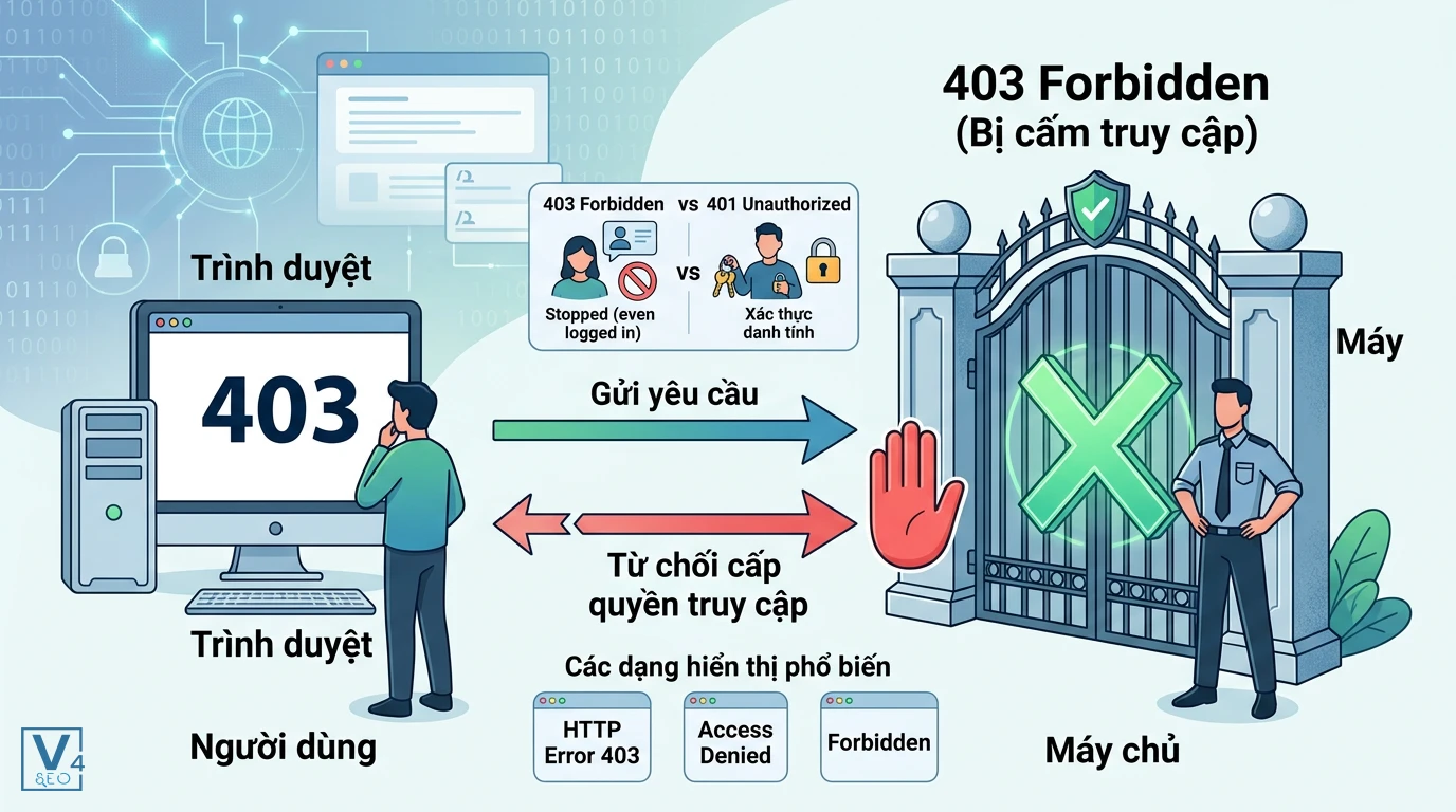 co-che-hoat-dong-loi-403-forbidden Sơ đồ giải thích cơ chế hoạt động của lỗi 403 Forbidden khi máy chủ từ chối quyền truy cập của trình duyệt.