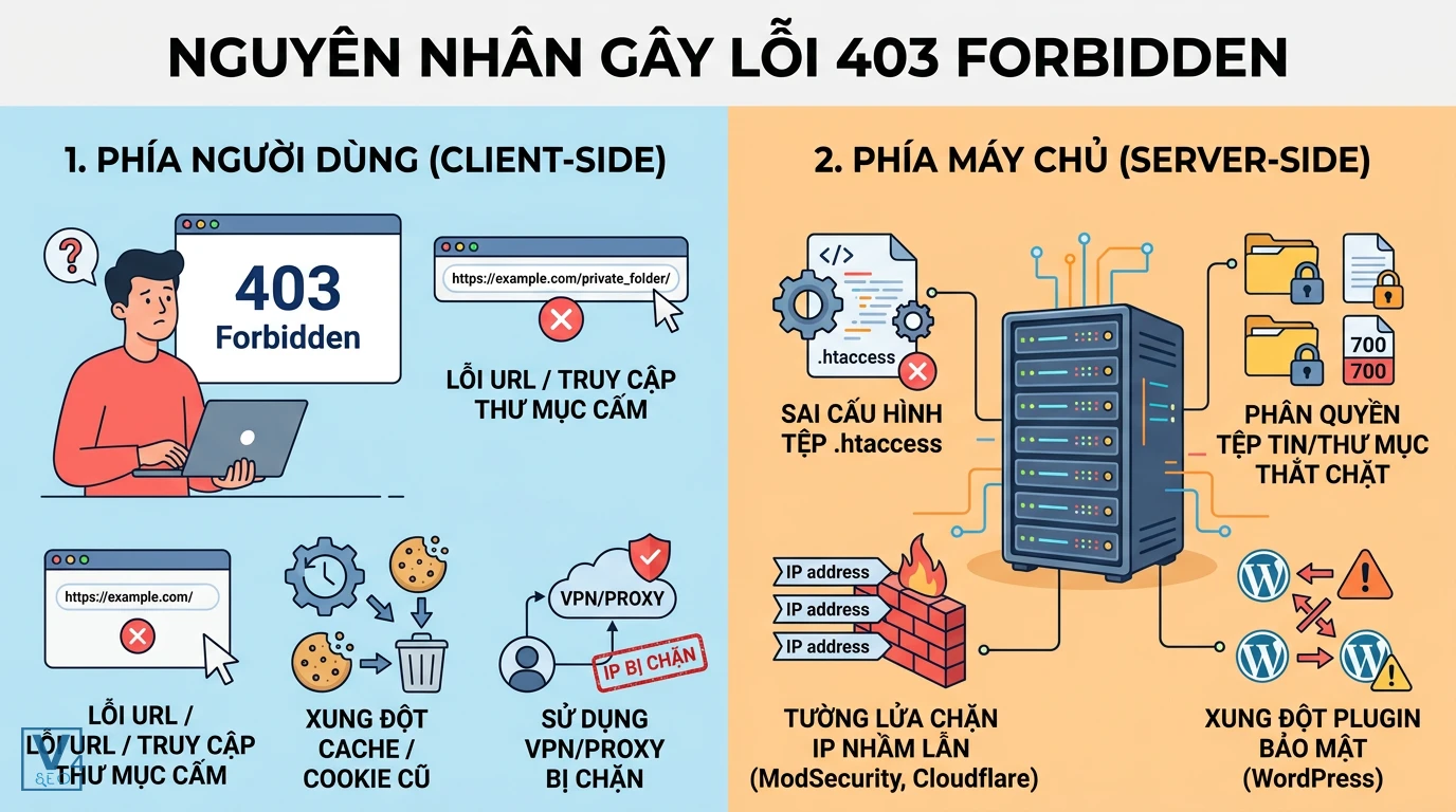 nguyen-nhan-loi-403-forbidden Sơ đồ phân loại nguyên nhân gây lỗi 403 Forbidden từ phía người dùng và cấu hình máy chủ.